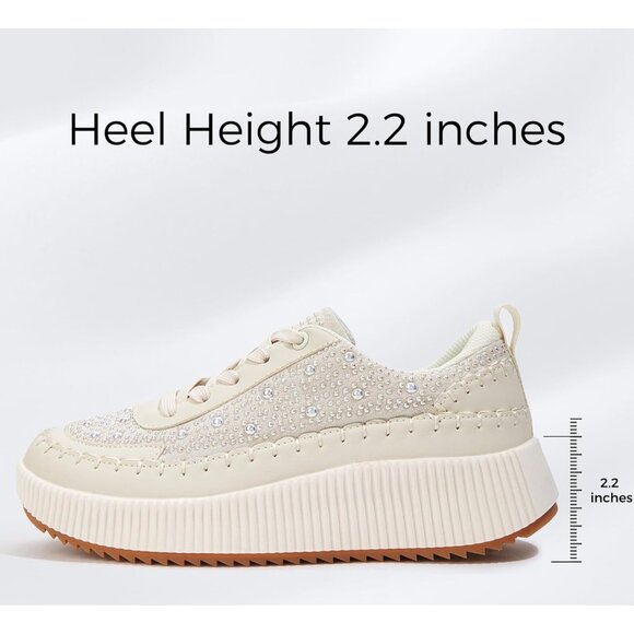Lucky Step Women Beige Rhinestone Sparkly Chunky Retro Braided Casual Sneakers - Picture 3 of 9